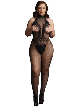 Dámské catsuity a overaly: Síťovaný catsuit s krajkou a otvorem v rozkroku Le Désir, plus size